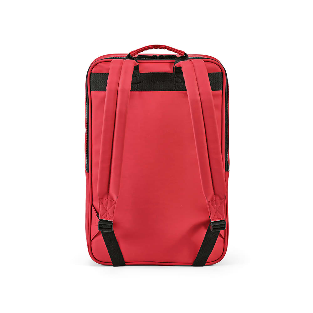 A red backpack with adjustable straps, featuring a logo, suitable for a 17" laptop.