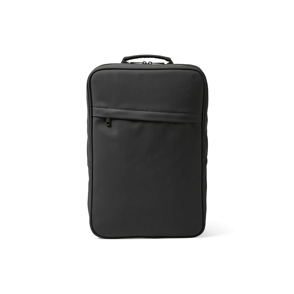 A sleek black backpack designed for a 17" laptop, featuring a front zip pocket and a minimalist style.