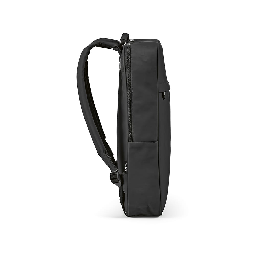 A sleek black backpack with a side zipper, designed to fit a 17" laptop, featuring a logo.