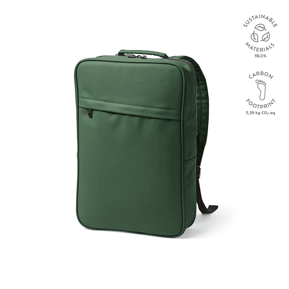 A green backpack with a zipped front pocket, designed for a 17" laptop and made from sustainable materials.