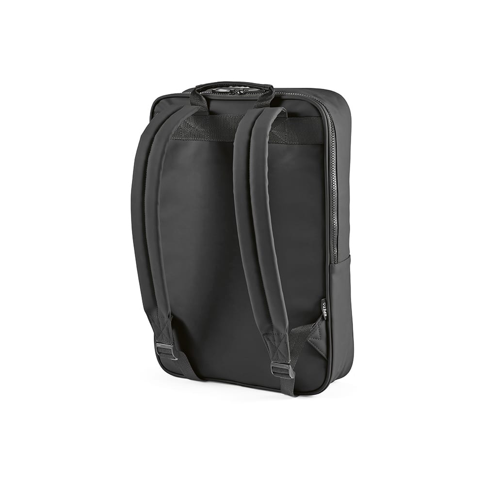 A black backpack with adjustable straps and a zippered compartment, featuring a logo. Fits a 17" laptop.