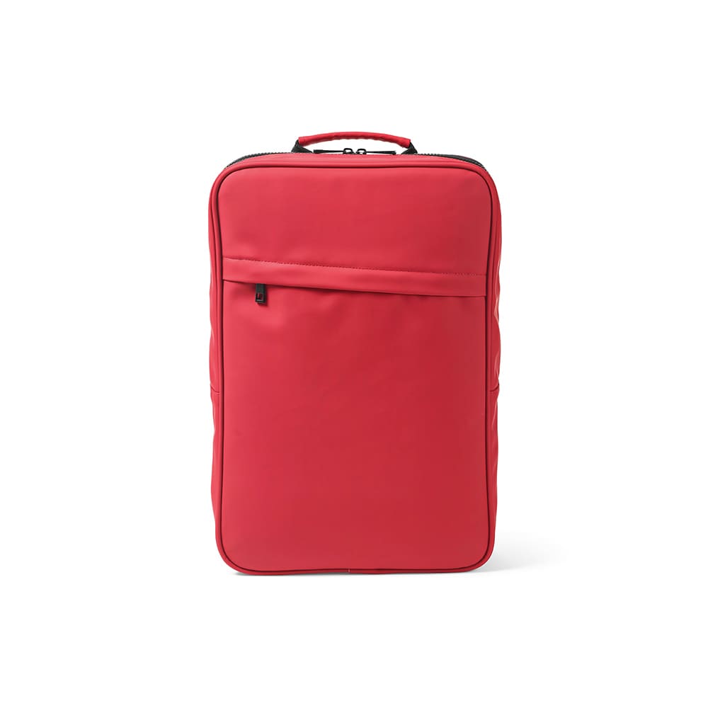 A red backpack featuring a front pocket, designed to fit a 17" laptop, with a logo on it.