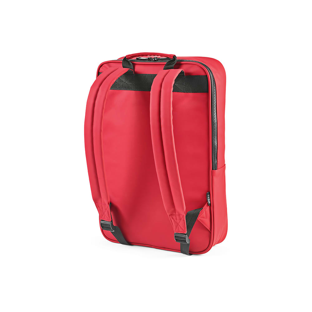 A red backpack with padded straps, featuring a zippered compartment and a side pocket, includes a logo.