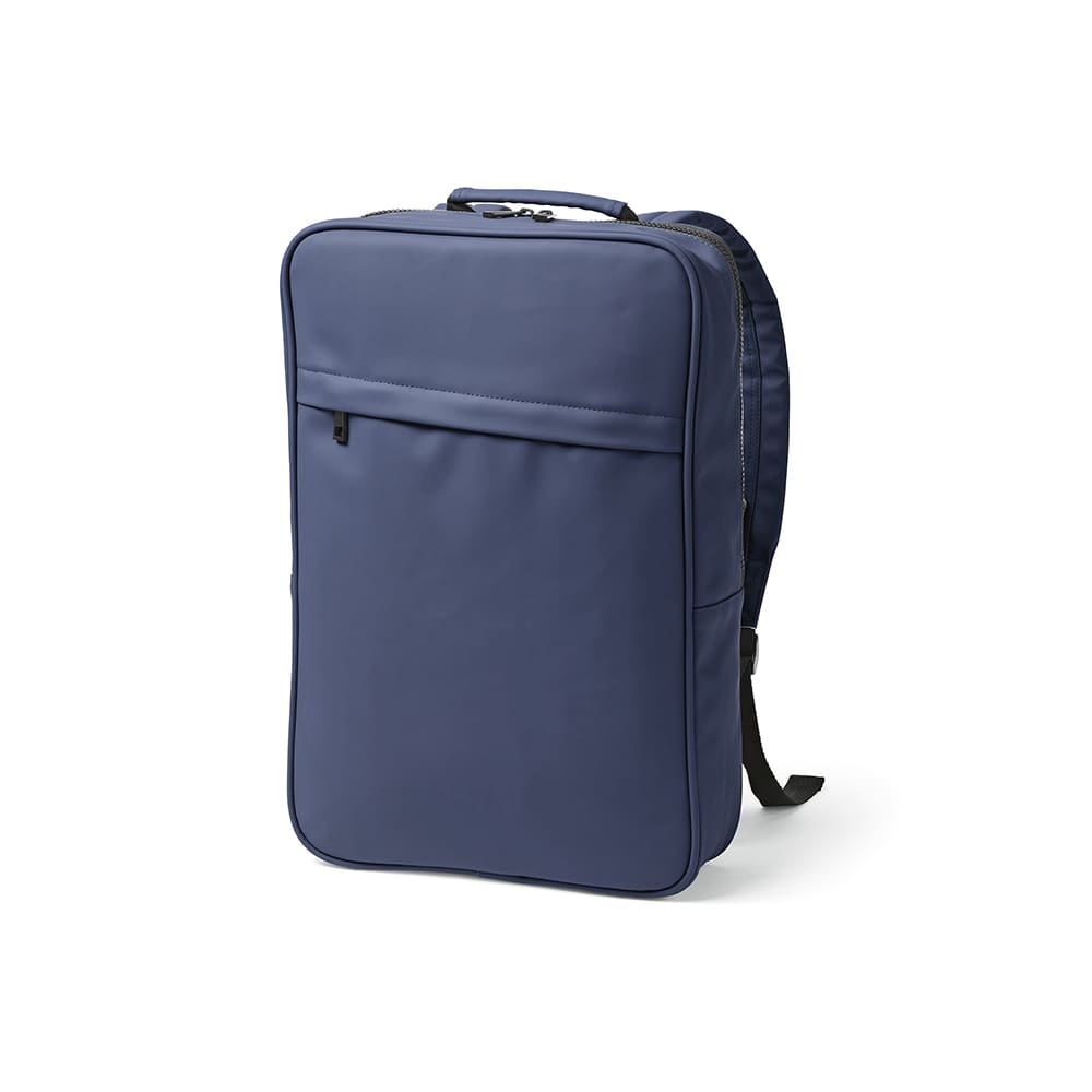 A navy backpack made from rPU and rPET materials, designed to fit a 17" laptop. Features a front pocket and branded logo.