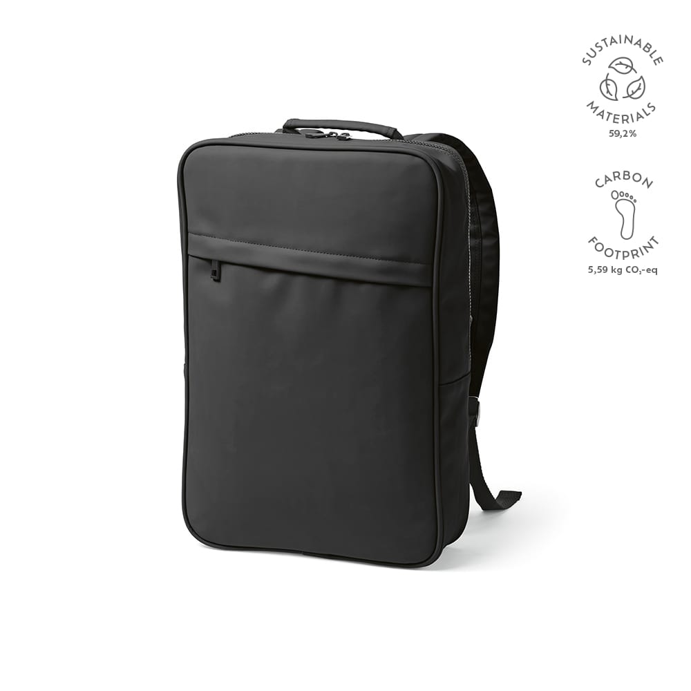 A black backpack with a streamlined design, featuring sustainable materials and a front zip pocket.