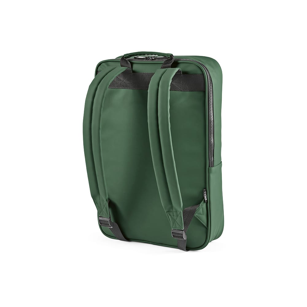 A green Amsterdam Backpack with adjustable straps, featuring a logo and designed to fit a 17" laptop.