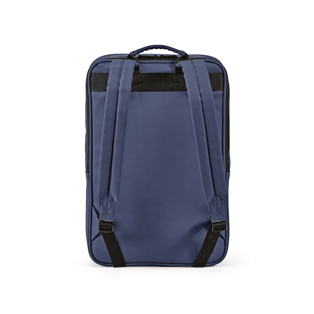 A navy backpack with padded shoulder straps and a logo, designed to fit a 17" laptop.