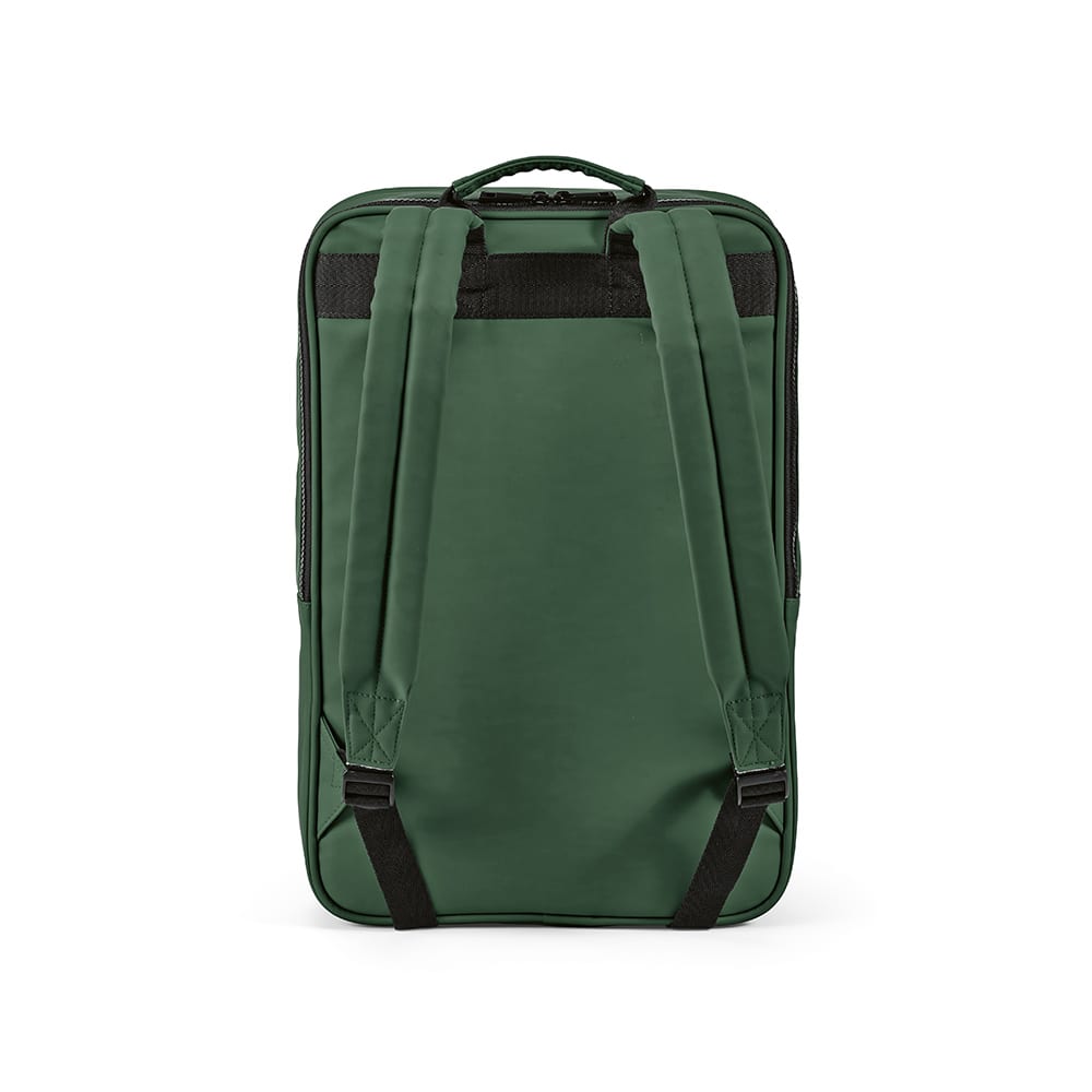 A green backpack with padded shoulder straps and a handle, designed for a 17" laptop. It features branding.
