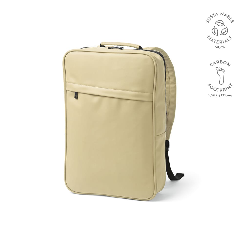 A beige backpack with a sleek design, featuring a logo and made from sustainable materials. Fits a 17" laptop.