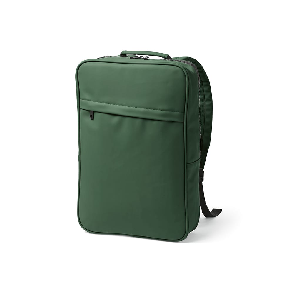 A green Amsterdam Backpack made from rPU and rPET, designed to fit a 17" laptop. It features a logo.