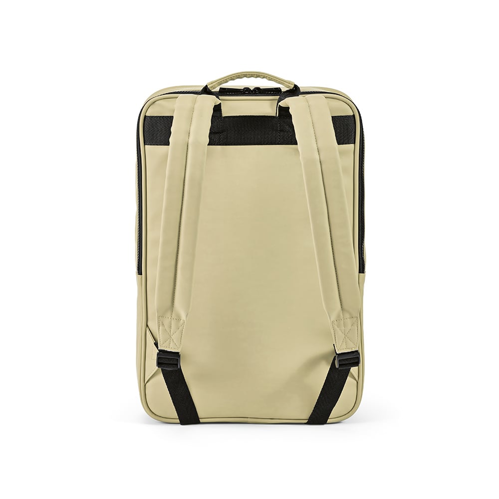 A beige backpack with black straps and a logo. Designed to fit a 17" laptop, made from rPU and rPET materials.