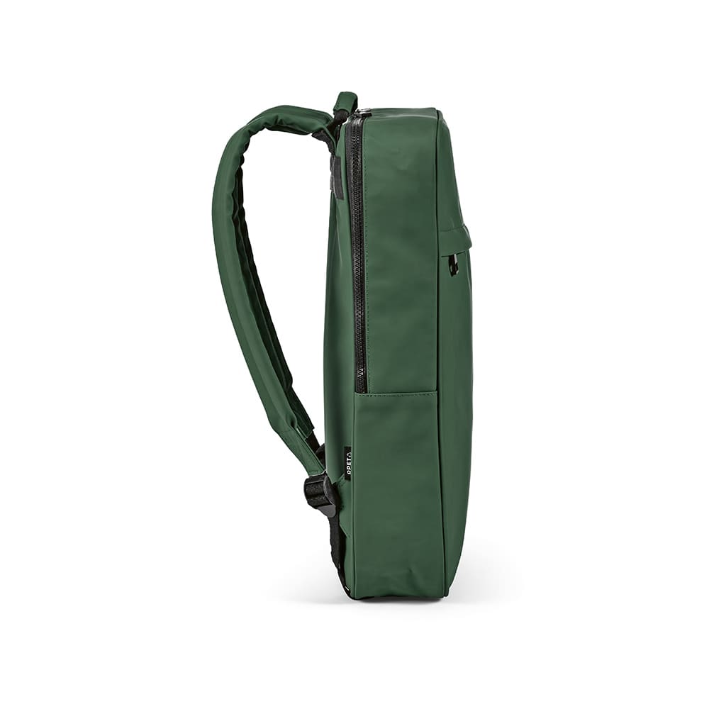 A green backpack with a sleek design, featuring a zipper and a shoulder strap, suitable for a laptop.