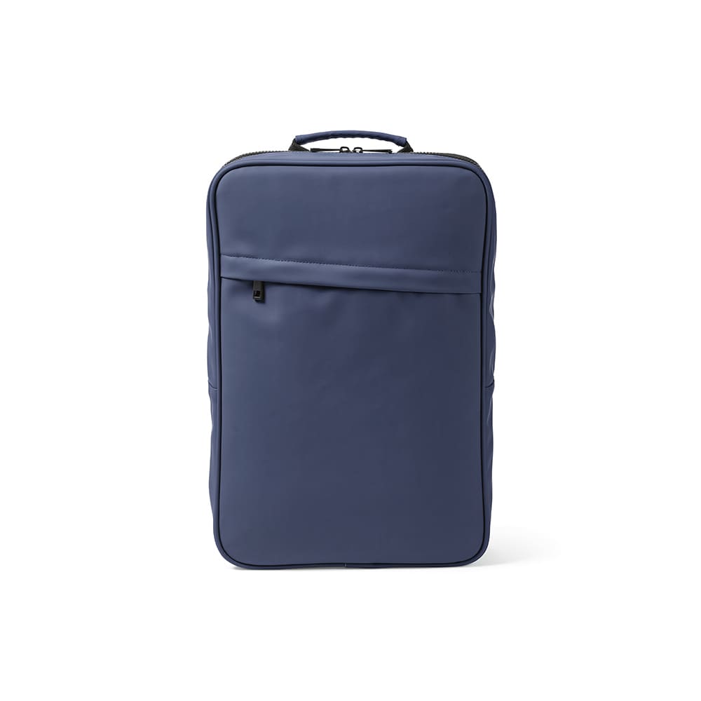 A navy blue backpack featuring a front zippered pocket and a handle, suitable for a 17" laptop. It has a logo.