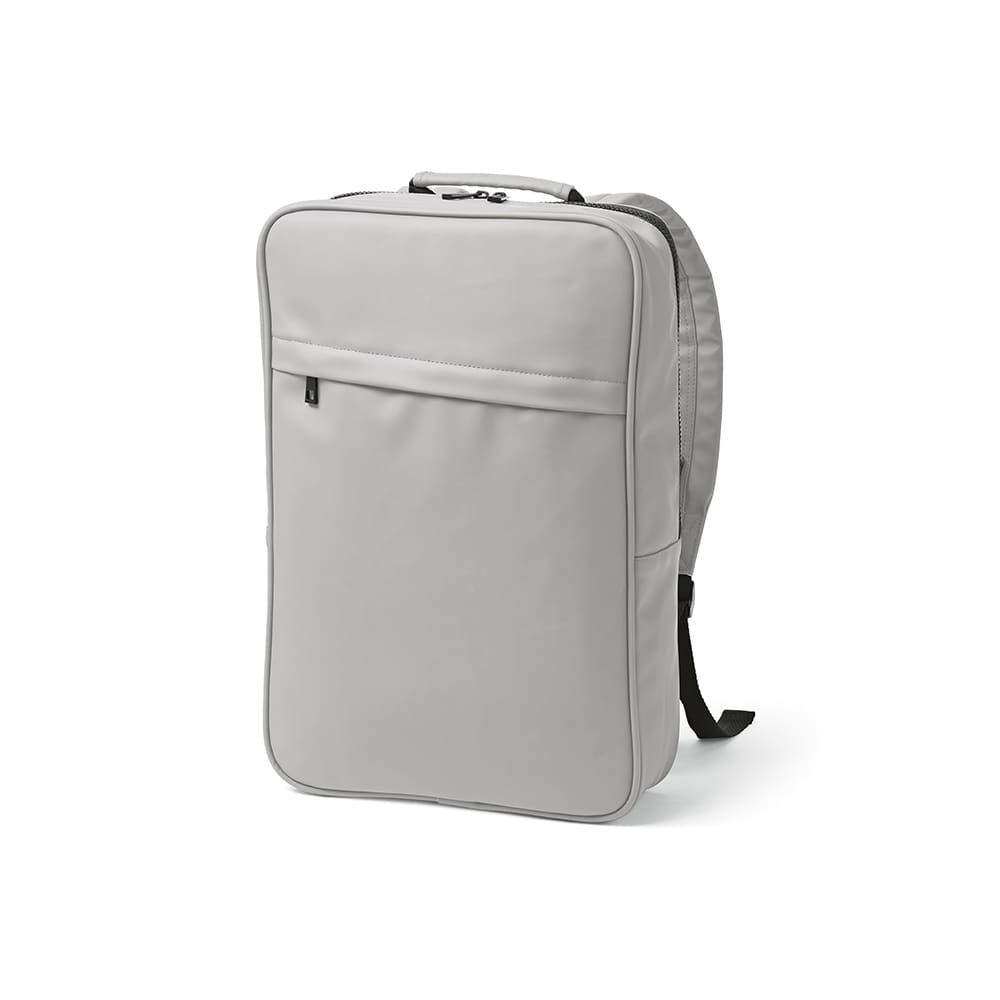 A grey backpack designed for a 17" laptop, featuring a front pocket and adjustable straps. It has a logo.