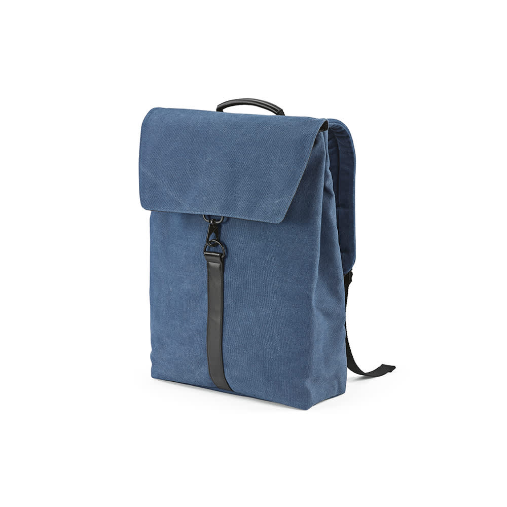A blue backpack with a hook closure, designed to fit a 17" laptop, featuring a simple yet stylish design.
