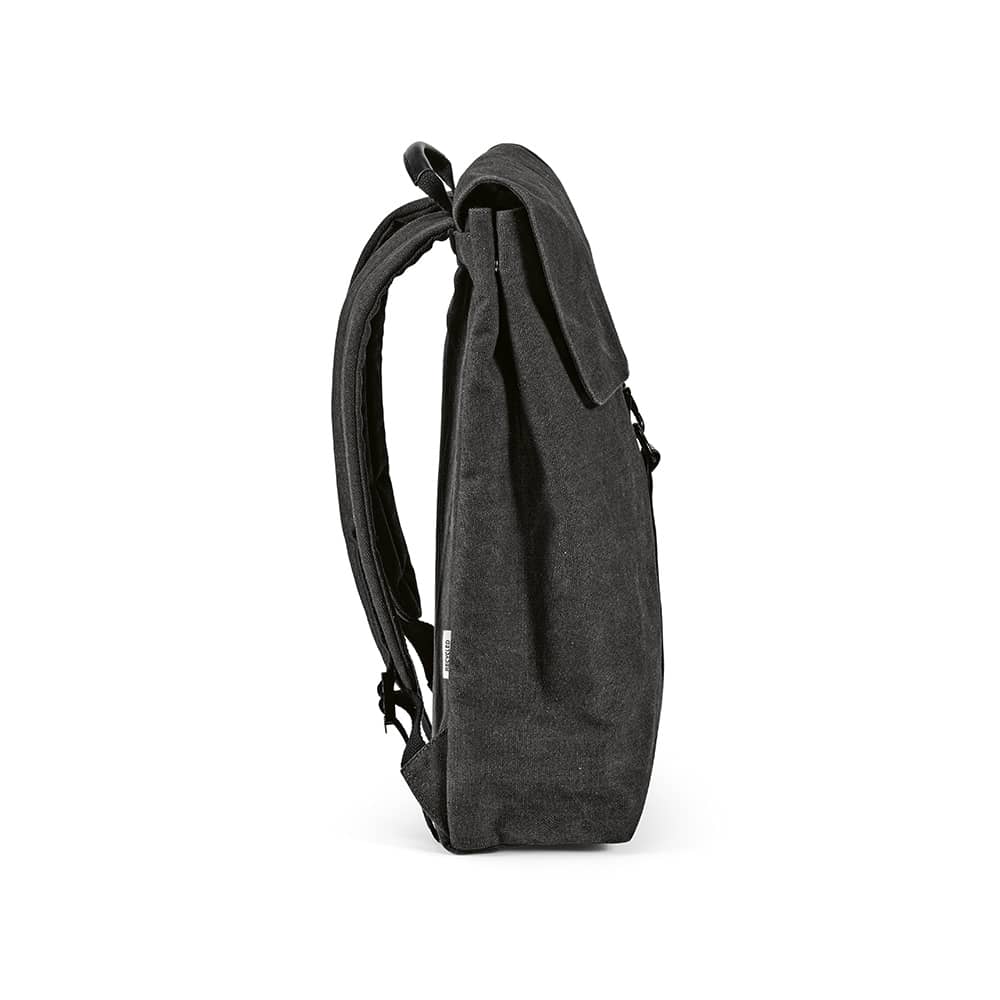 A black backpack with a hook closure, designed to fit a 17" laptop, featuring adjustable straps.