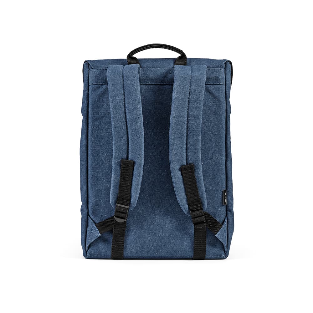 A blue backpack with padded straps and a hook closure, designed to fit a 17" laptop. Features a logo.