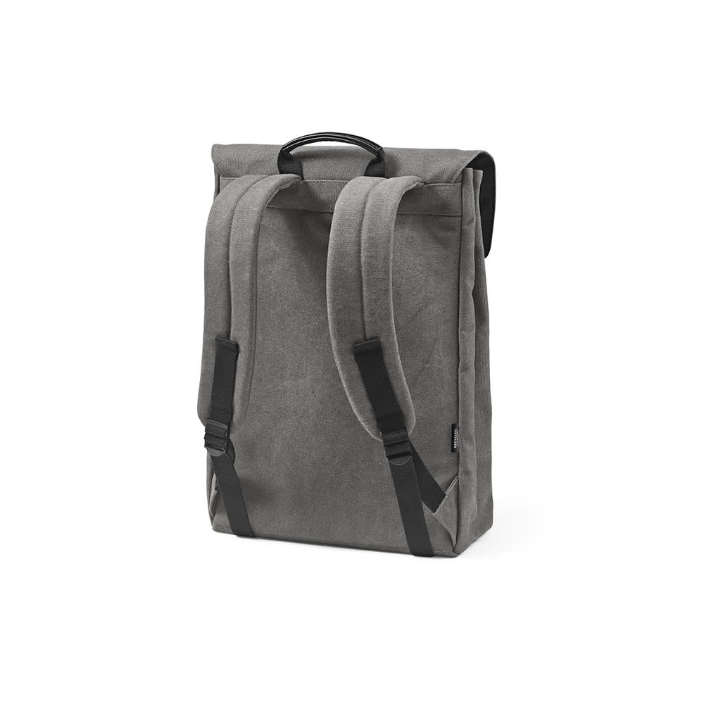 A grey backpack with a hook closure, designed to fit a 17" laptop, featuring adjustable straps and a logo.