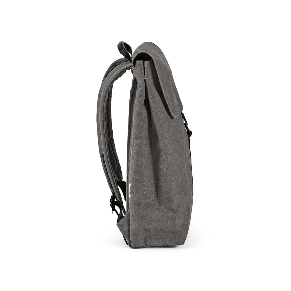 A backpack made from rCotton, featuring a hook closure and designed to fit a 17" laptop, in grey.