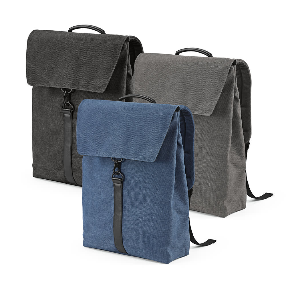 Three backpacks in different colours: a blue, dark grey, and light grey. Each features a hook closure and a logo.