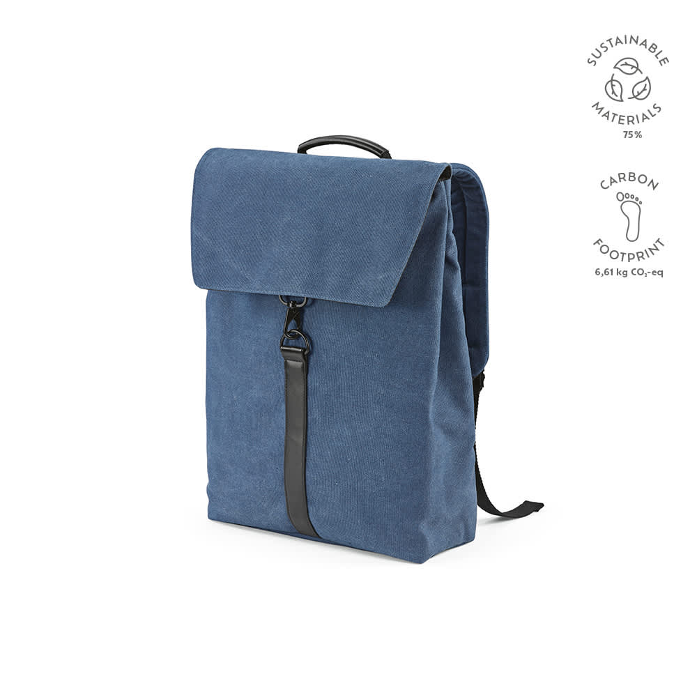 A blue backpack made from sustainable materials with a hook closure, designed to fit a 17" laptop. Features a logo.