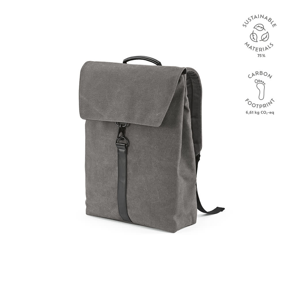 A grey backpack made from sustainable materials, featuring a hook closure and designed to fit a 17" laptop.
