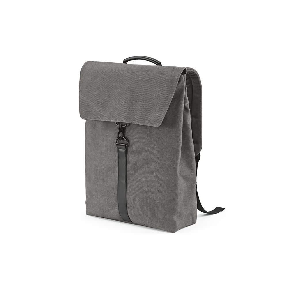 A grey backpack with a hook closure, designed to fit a 17" laptop. Features a logo on the front.