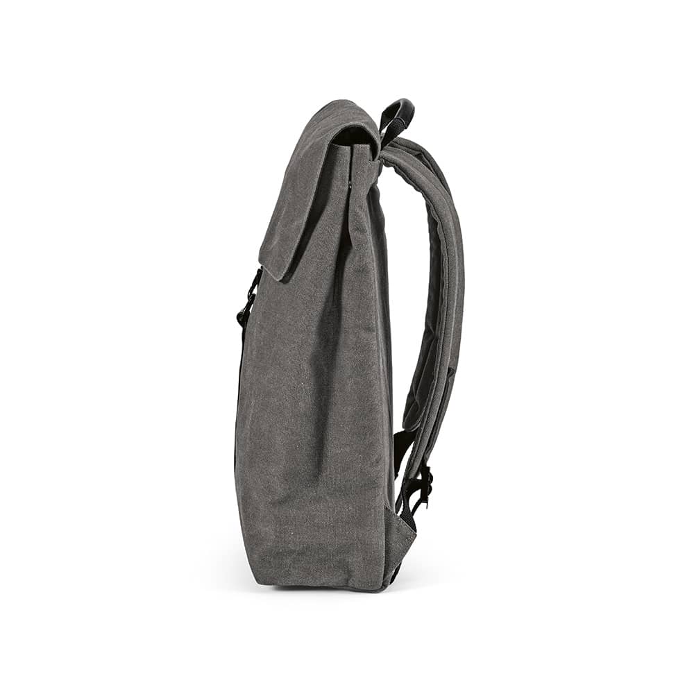 A grey Prague Backpack 25L made from rCotton, featuring a hook closure and designed to fit a 17" laptop.