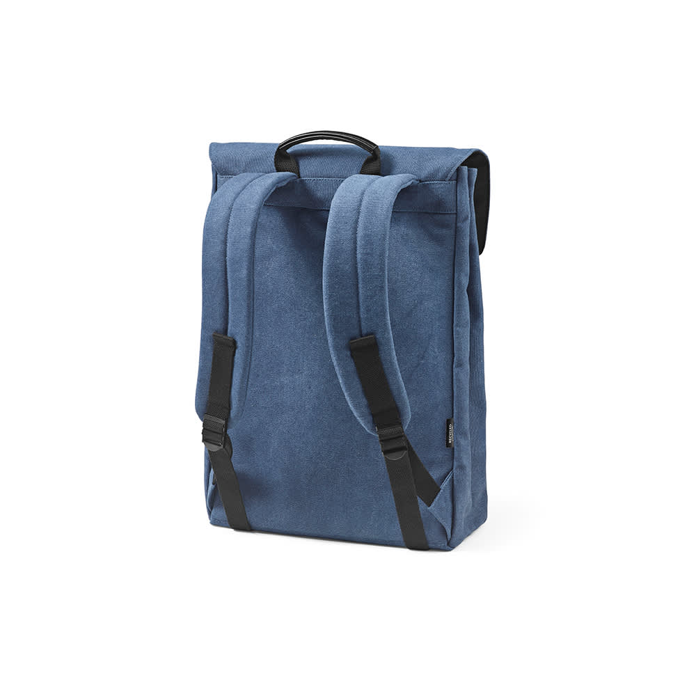 A blue backpack with a hook closure and adjustable straps, designed to fit a 17" laptop. It has a logo.
