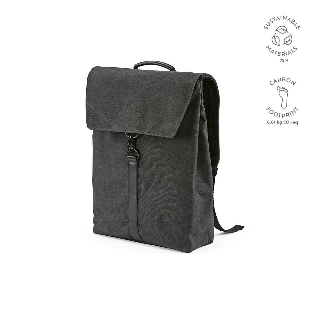 A dark grey backpack made from sustainable materials, featuring a hook closure and fits a 17" laptop.