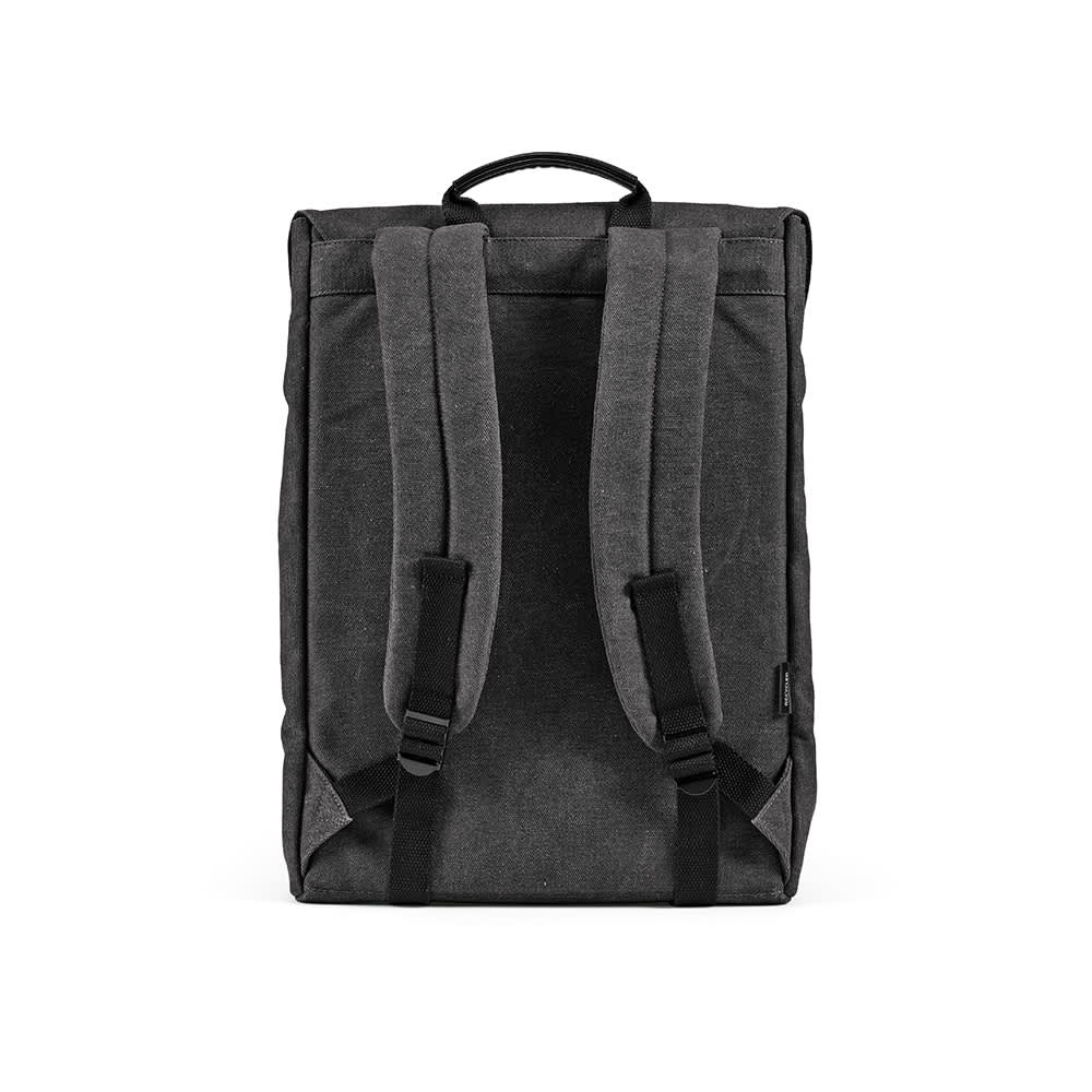 A grey backpack with a hook closure and padded straps, suitable for a 17" laptop. It features a logo.