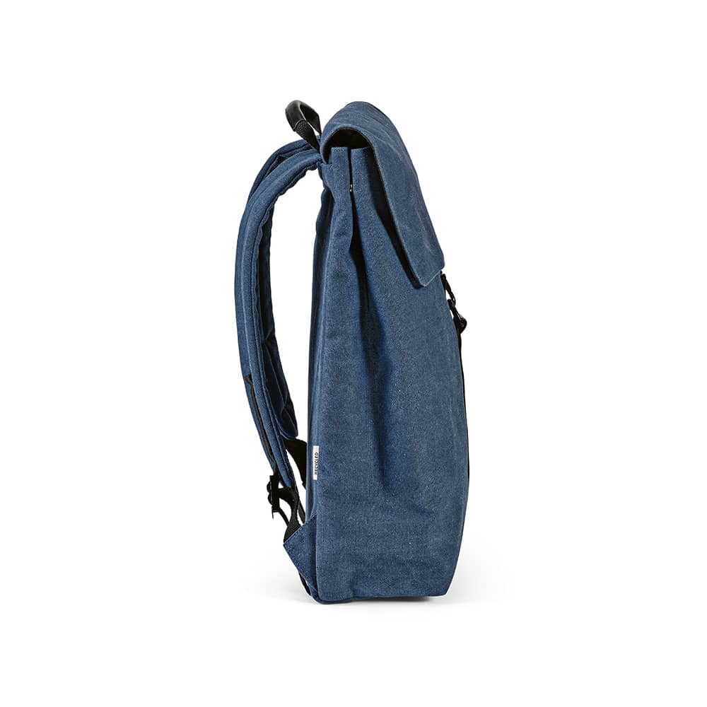 A blue backpack with a hook closure, designed to fit a 17" laptop, featuring one logo.