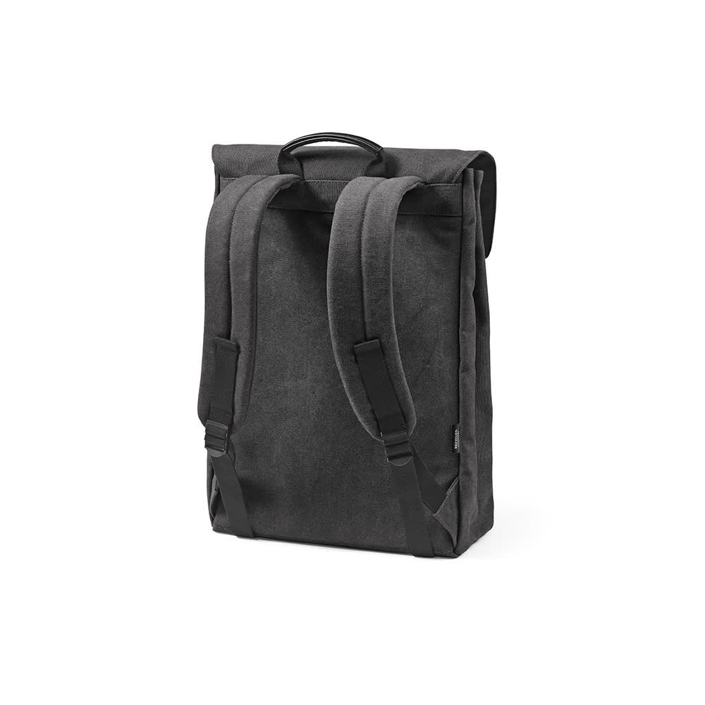 A grey backpack with a hook closure, featuring adjustable straps and space for a 17" laptop. It includes a logo.