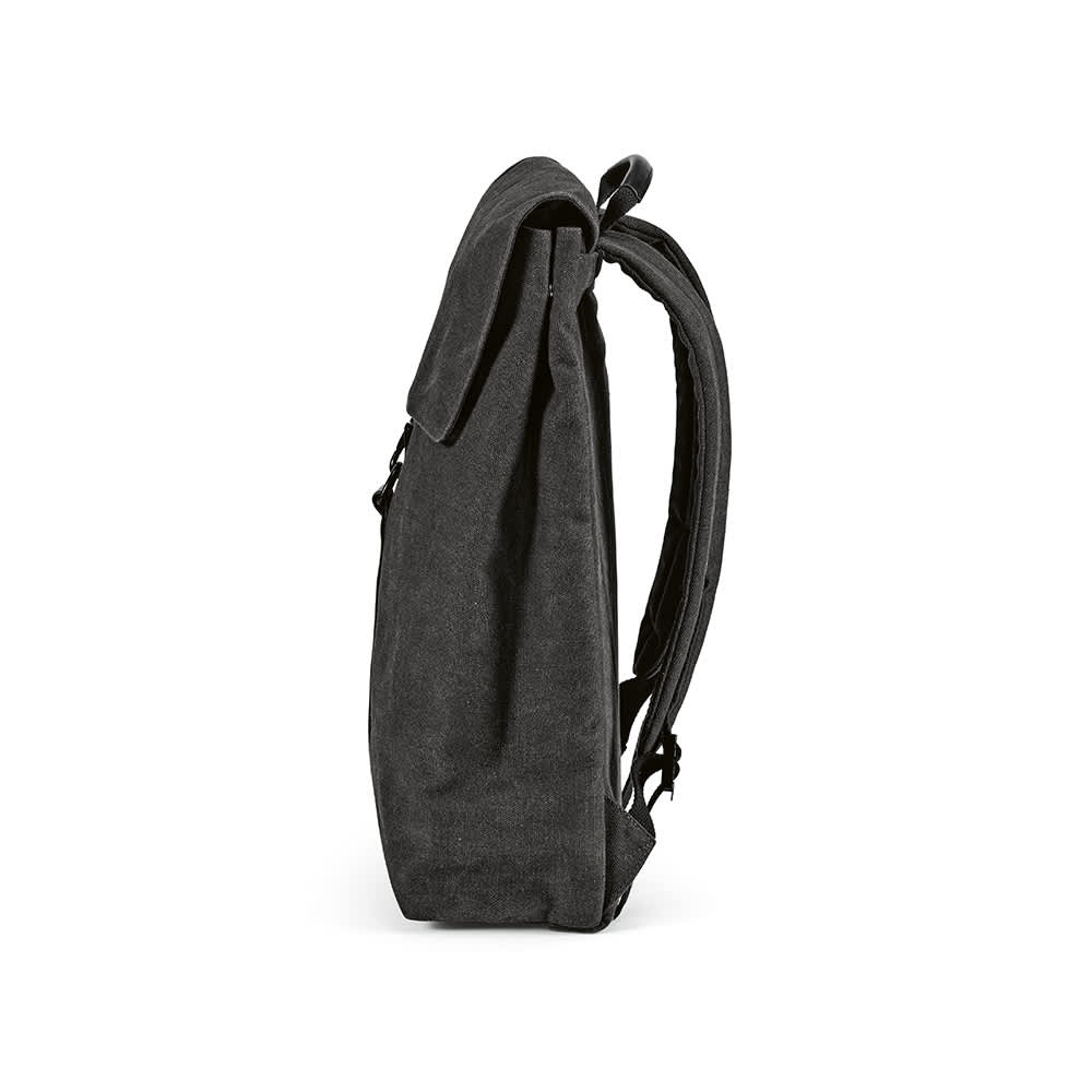 A black backpack with a hook closure, designed to fit a 17-inch laptop, featuring adjustable straps.