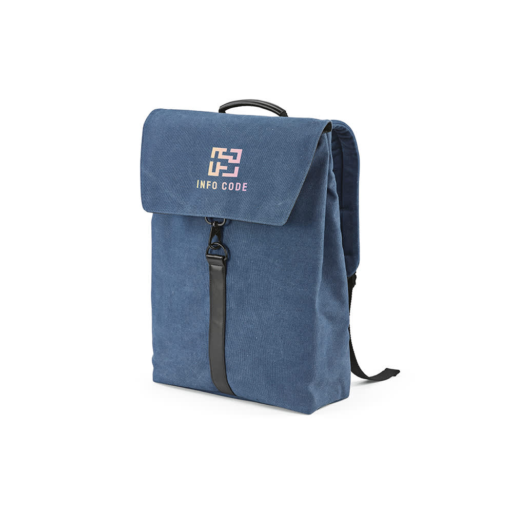 A blue backpack with a hook closure, designed to fit a 17" laptop, featuring a logo on the front.