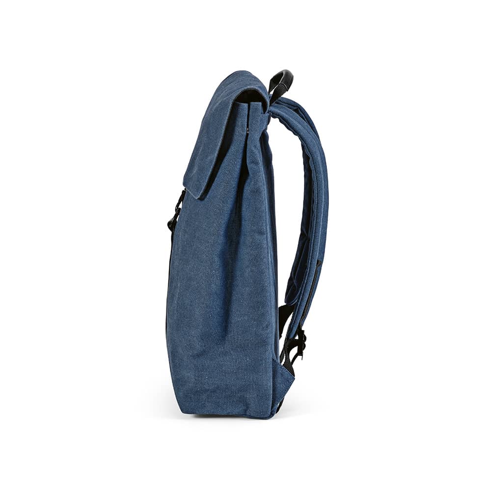 A blue backpack with a hook closure, designed to fit a 17" laptop, featuring adjustable straps and a logo.