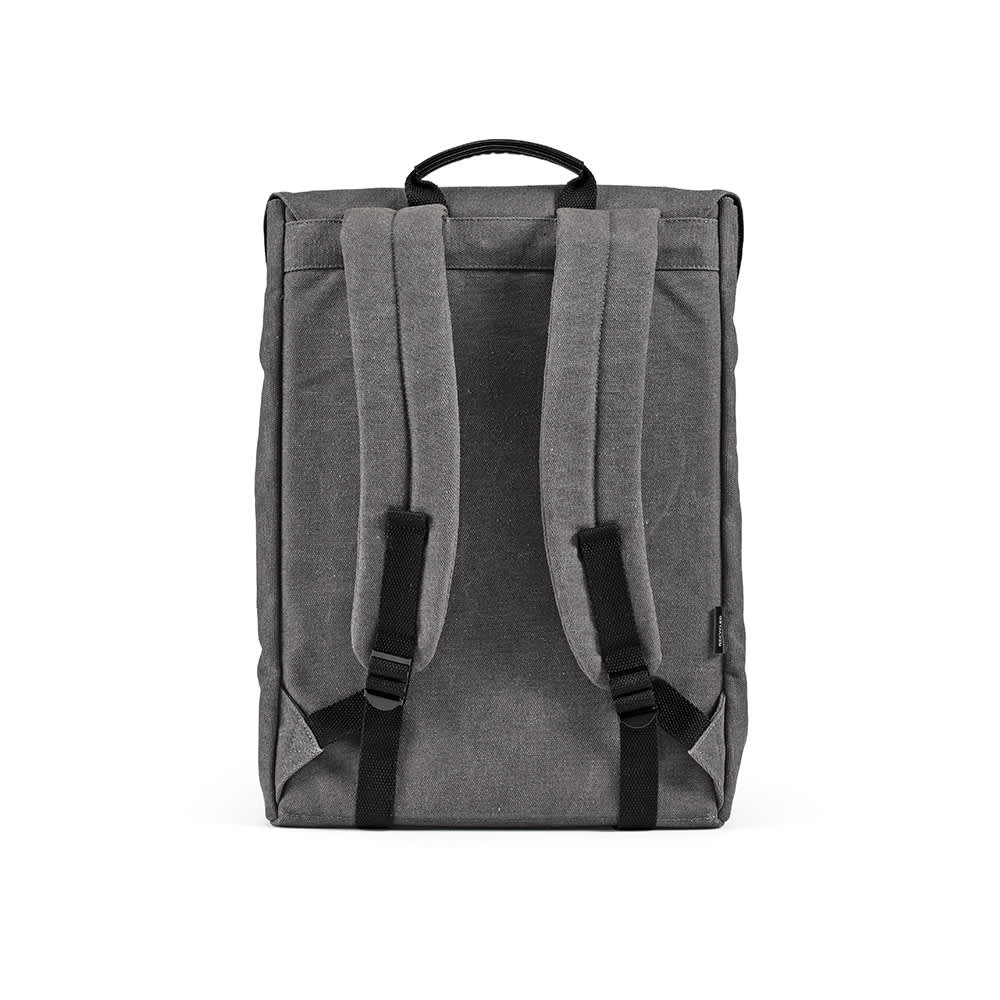 A grey backpack with two shoulder straps and a hook closure, designed to fit a 17" laptop. It features a logo.