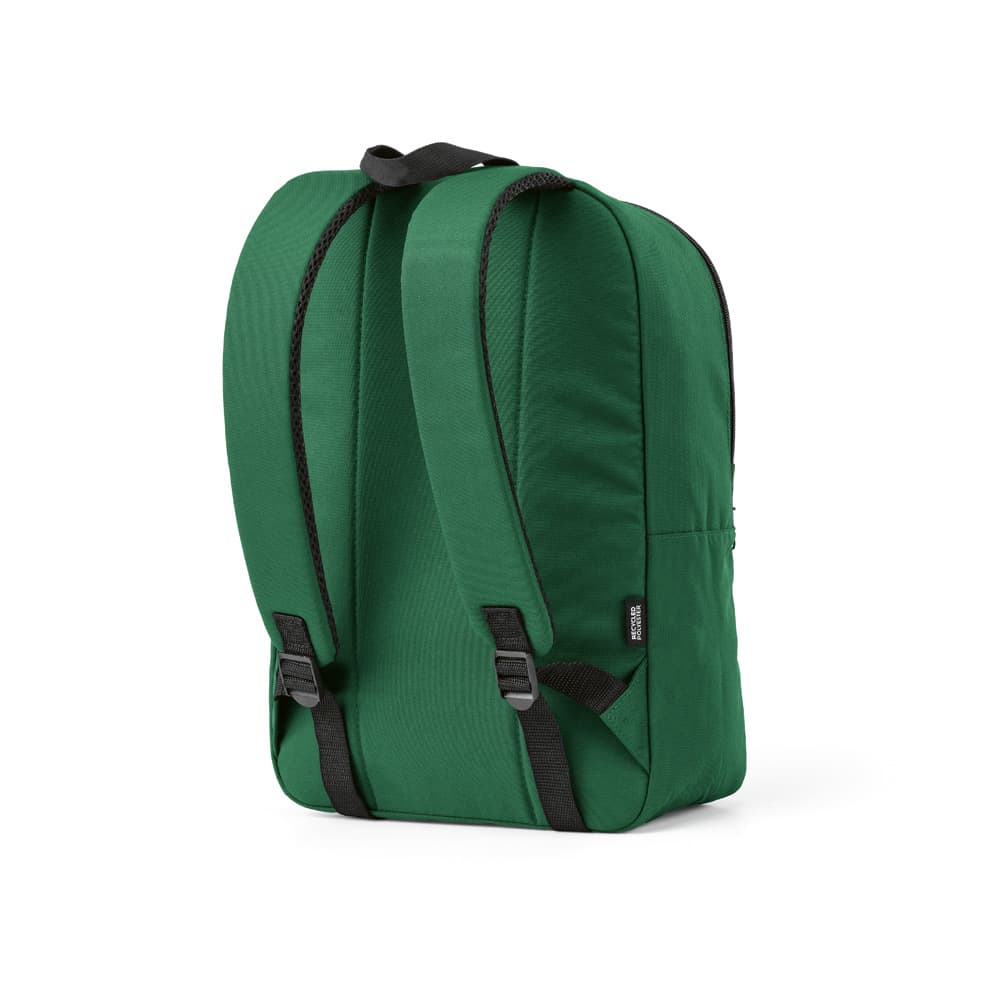 A green backpack with black straps, featuring a logo, designed to fit a 15.6" laptop.