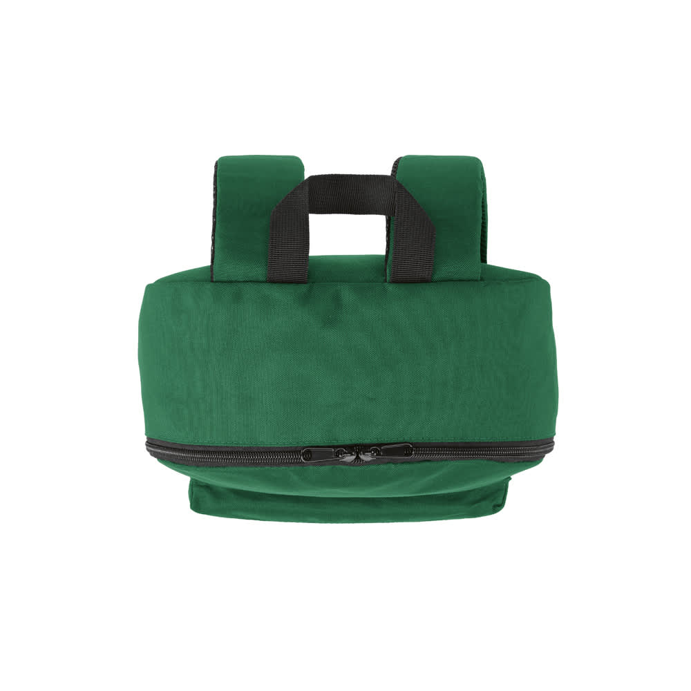 A green backpack with a round base and dual handles, featuring a zippered compartment and reinforced straps.