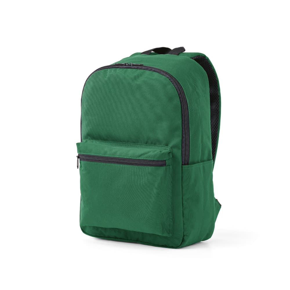 A green backpack with a zippered front pocket and black accents, designed to fit a 15.6" laptop.