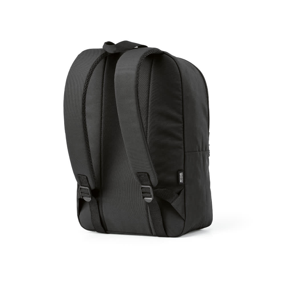 A black backpack with adjustable straps, designed to fit a 15.6" laptop, featuring a logo.