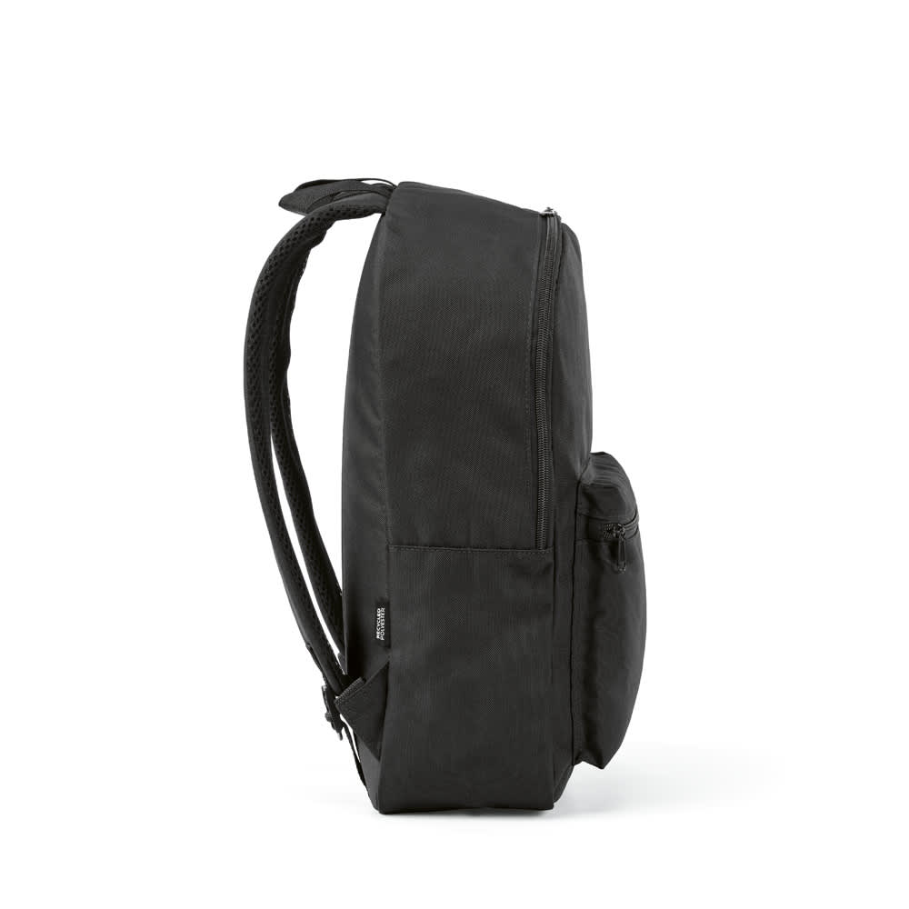 A black backpack featuring a zippered main compartment and a side pocket. It includes adjustable straps and a logo.