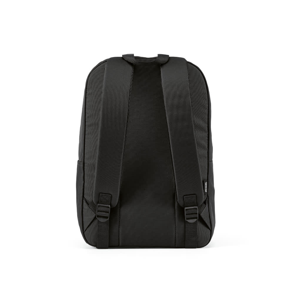 A black backpack with adjustable straps and a sleek design, featuring a logo on the front. Its capacity is 12L.