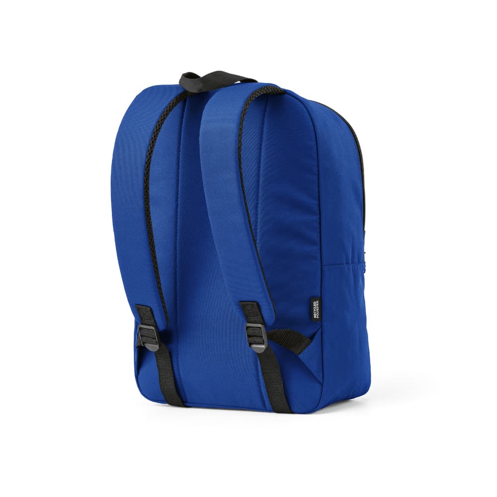 A blue backpack with adjustable straps, featuring a logo and ample space for storage.
