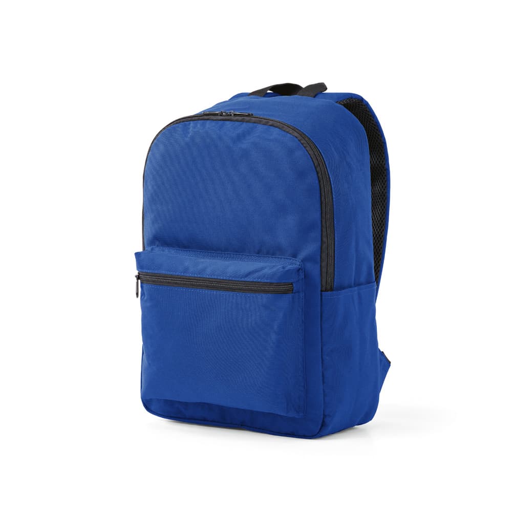 A blue backpack with a zippered front pocket, designed to fit a 15.6" laptop, featuring a logo.