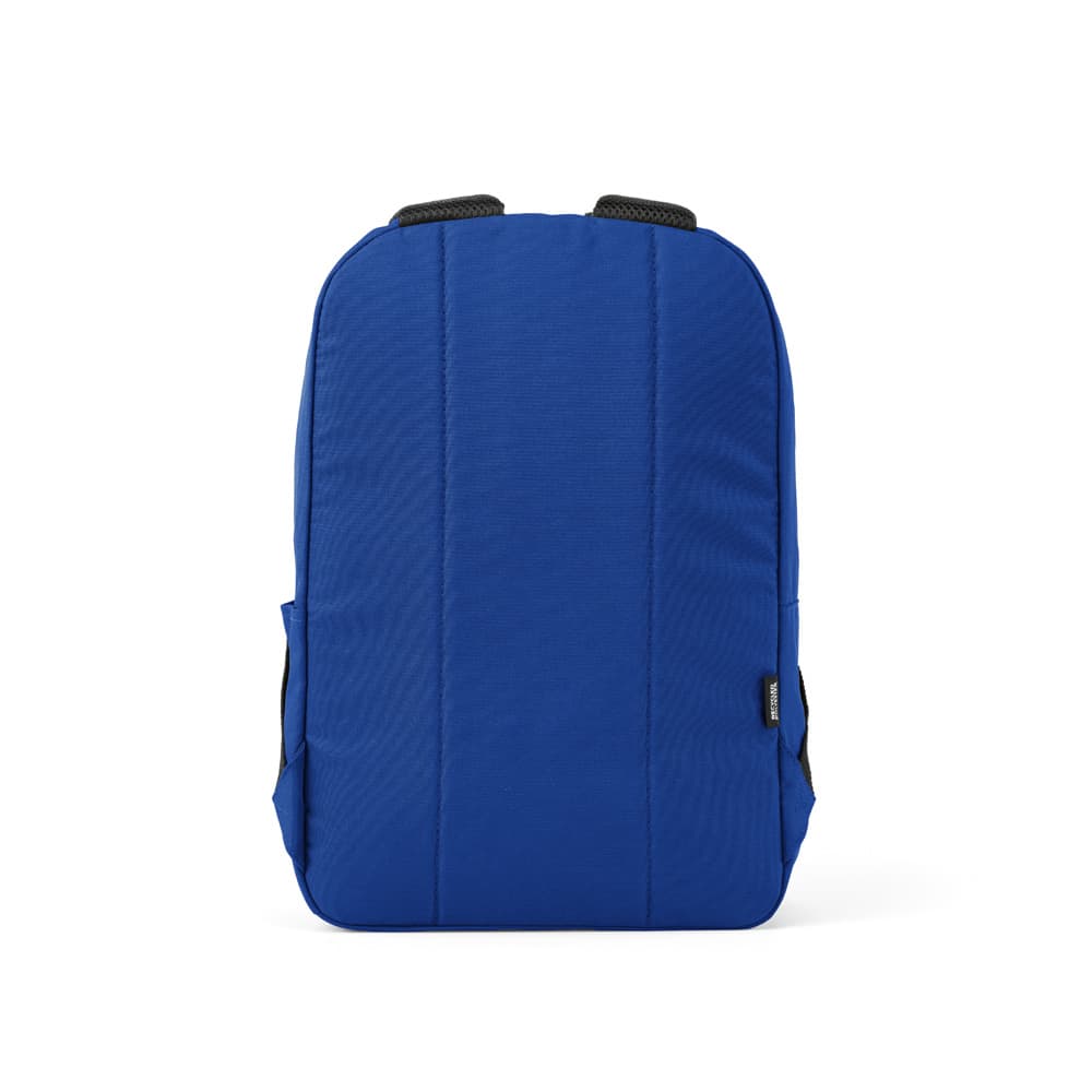 A blue backpack designed to fit a 15.6" laptop, featuring a logo and made from rPET material.