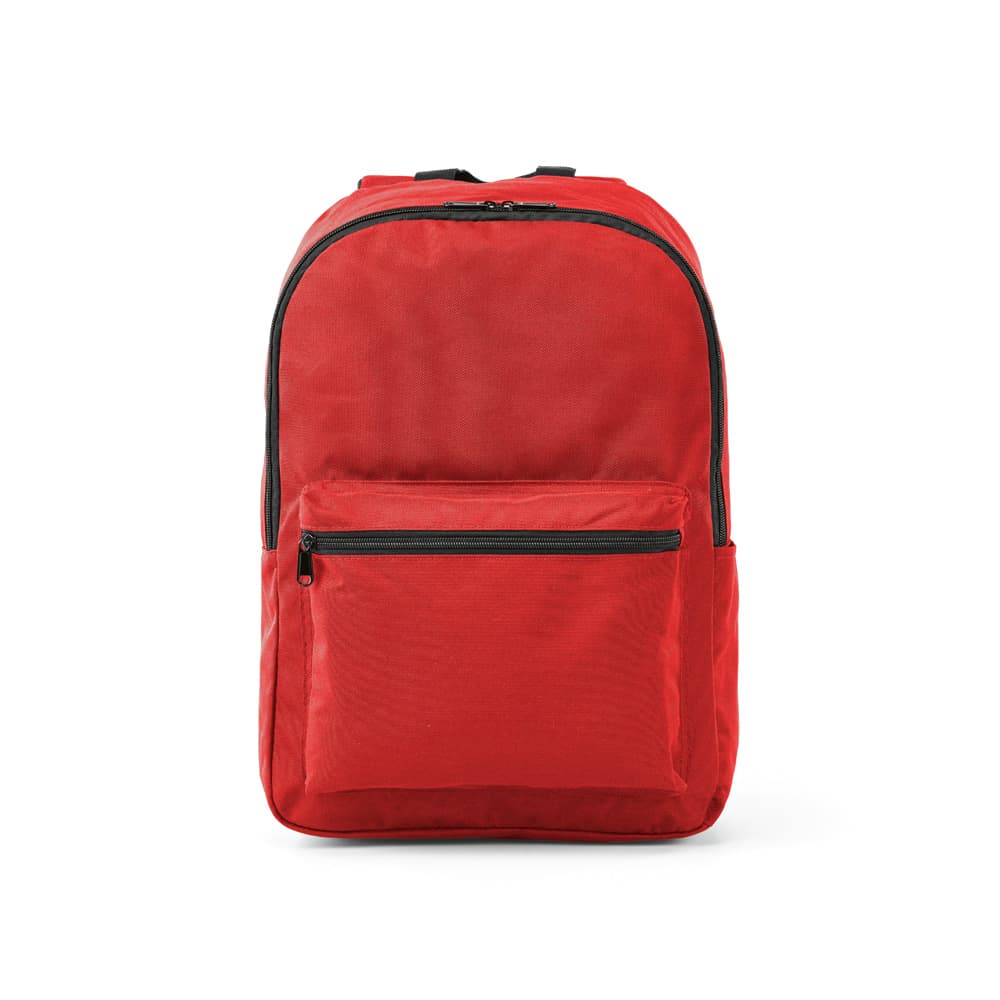 A red backpack features a front zip pocket and a spacious main compartment, designed to fit a 15.6" laptop.