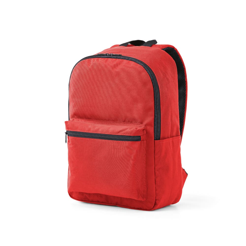 A red backpack with a front pocket, designed for a 15.6" laptop, featuring a logo.