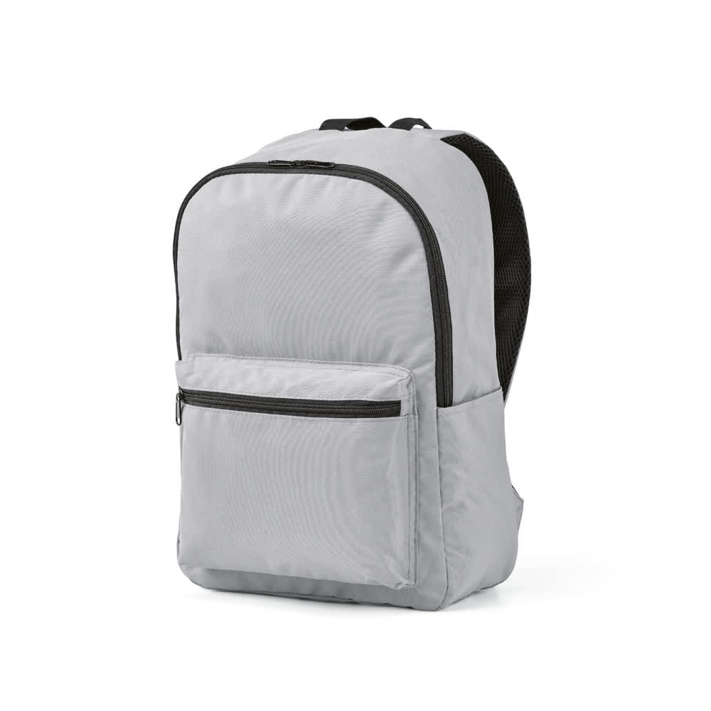 A grey backpack with a front zip pocket, featuring adjustable straps and a logo. Suitable for a 15.6" laptop.
