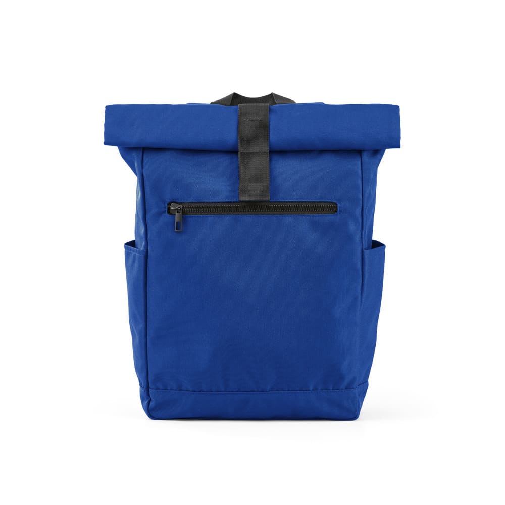 A blue roll-top backpack with velcro closure and a front zip pocket, featuring side pockets and a logo.